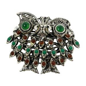 Vtg Owl Pendant Pin Brooch with Green & Red Stones West Germany